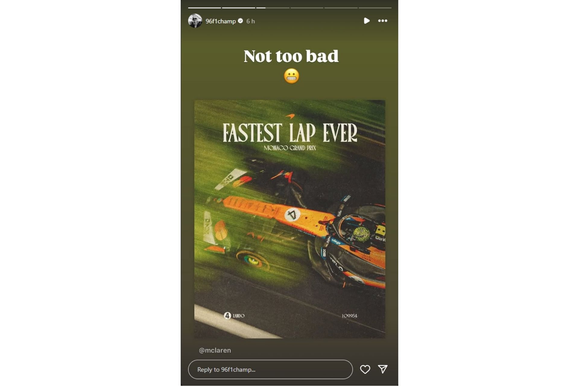Damon Hill reacts to Lando Norris' record-breaking lap in Monaco (@96f1champ on Instagram)